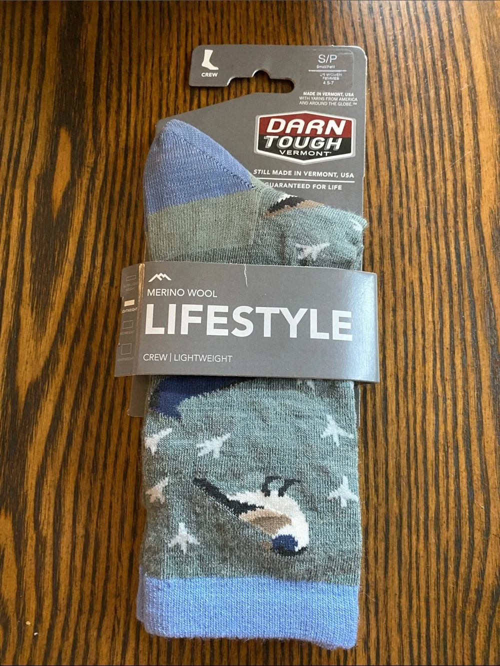 Darn Tough Women’s Merino Crew Socks - Blue/Gray Bird Pattern NWT
